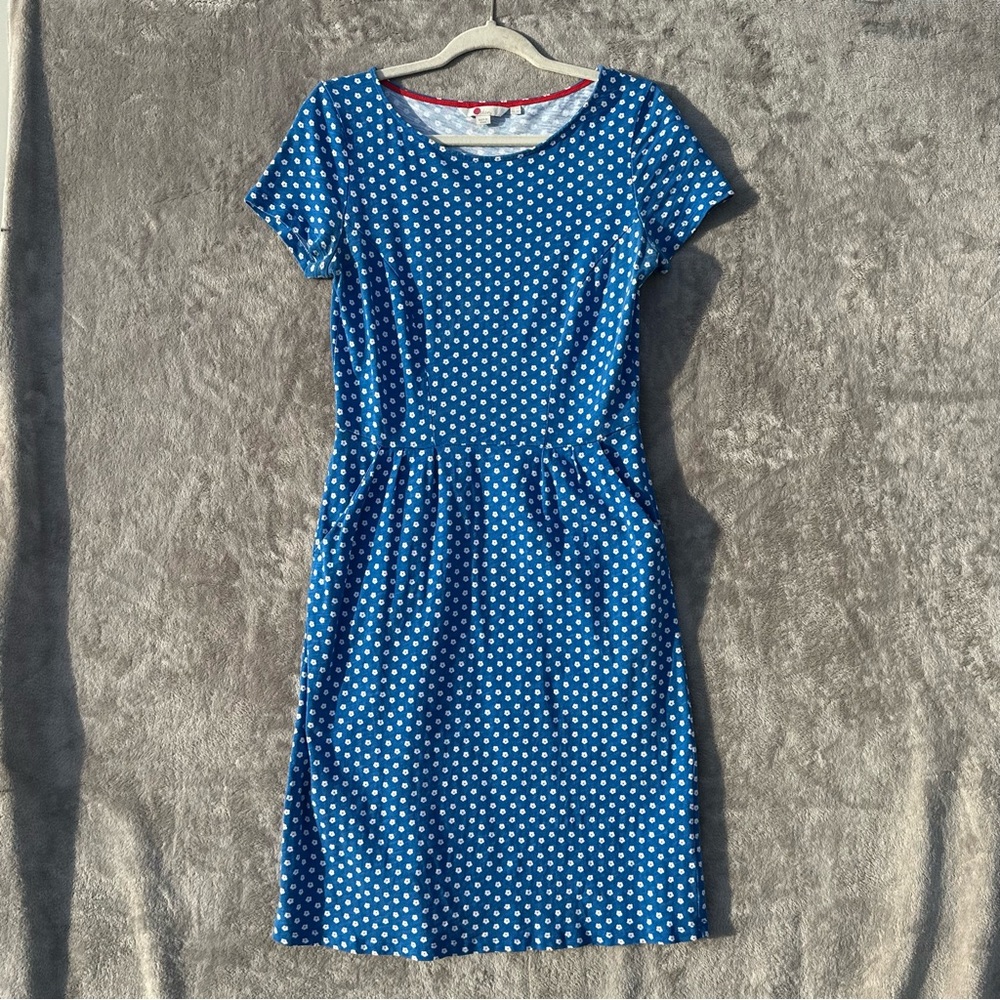 Boden Daisy Print Phoebe Cotton Sheath Dress US 6 Blue Pockets Knee Length Polka - Picture 2 of 15